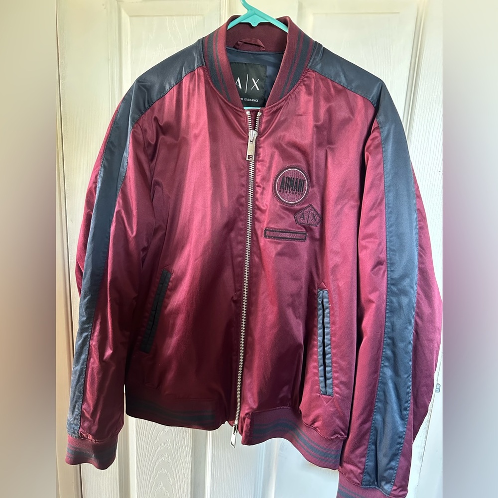Armani Exchange Men's Burgundy and Black Bomber Jacket